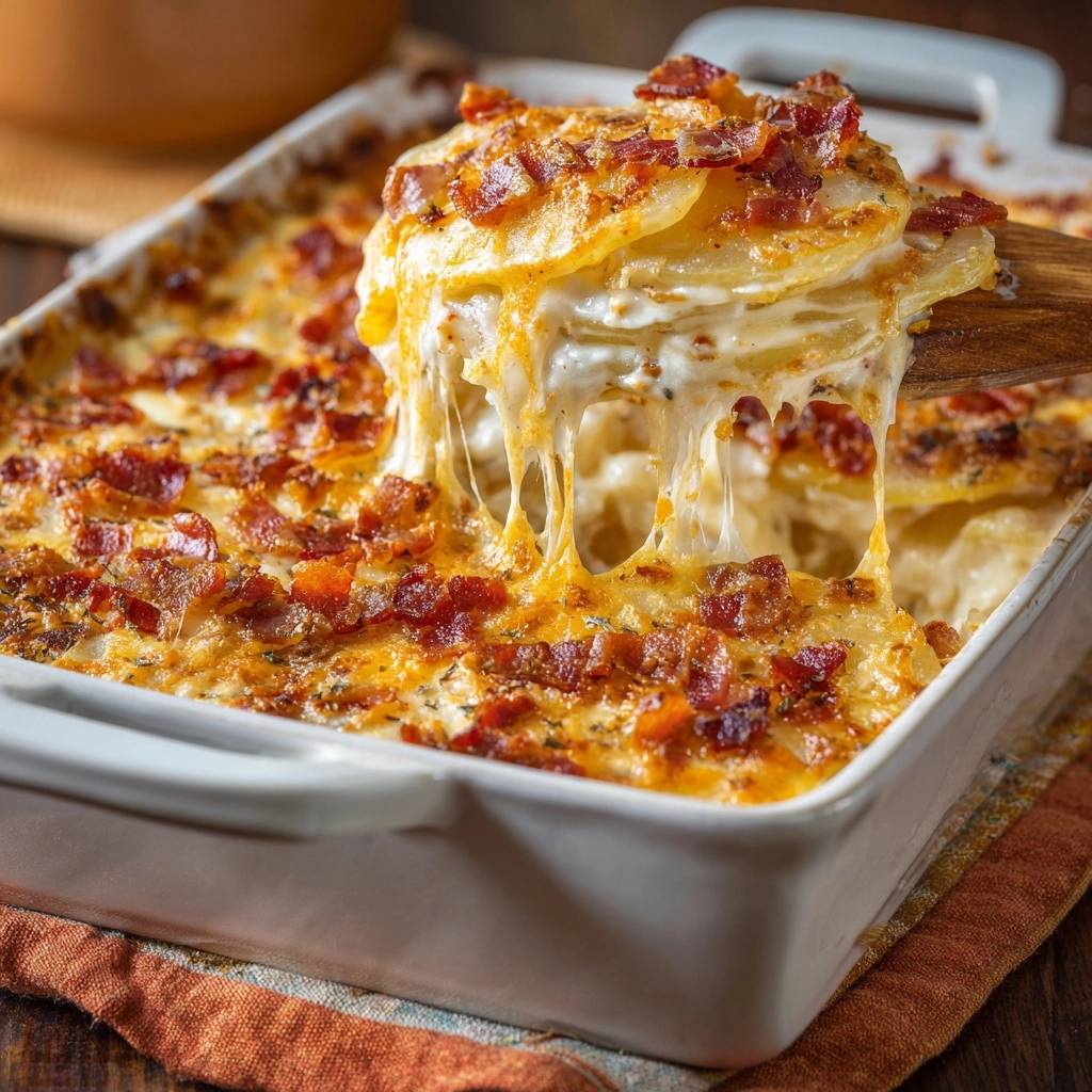 Cremiger Kartoffelgratin mit knusprigen Räucherstreifen, eine Scheibe wird mit geschmolzenem Käse herausgehoben.