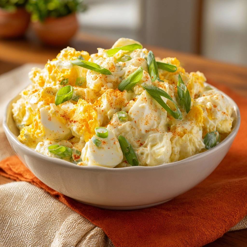 Cremiger Kartoffelsalat mit Ei, garniert mit Frühlingszwiebeln und Paprikapulver, in einer Schüssel serviert.