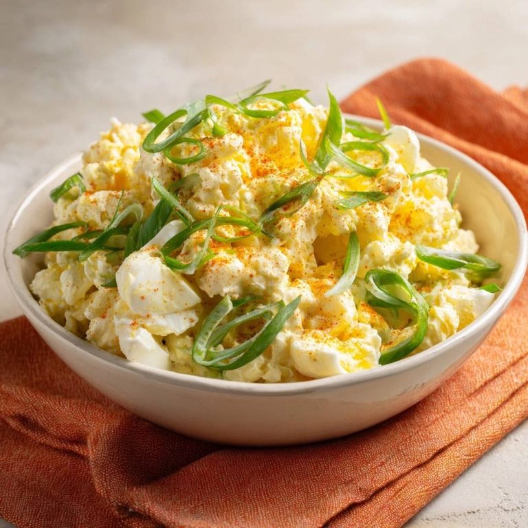 Cremiger Kartoffelsalat mit Ei, garniert mit Frühlingszwiebeln und Paprikapulver, in einer weißen Schüssel auf einem orangefarbenen Tuch.