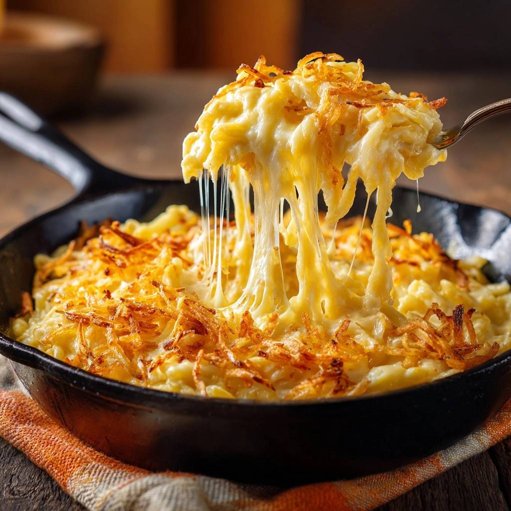 Cremiger Mac and Cheese mit knusprigen Zwiebelstreifen, eine Gabel hebt die Käsefäden aus der Pfanne.