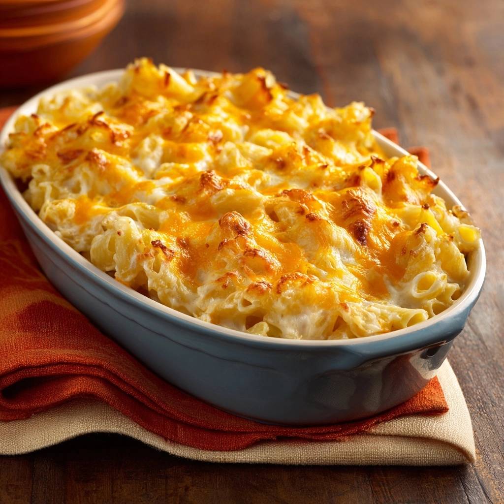 Cremiger Mac and Cheese mit knuspriger Käsekruste in einer blauen Auflaufform, frisch gebacken und mit geschmolzenem Käse überbacken.