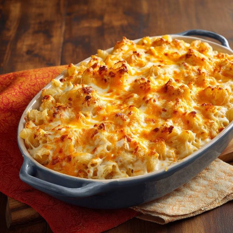 Cremiger Mac and Cheese mit knuspriger Käsekruste, nahaufnahme des gebackenen Gerichts mit geschmolzenem Käse.
