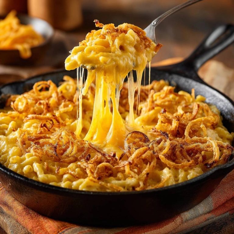 Cremiger Mac and Cheese mit knusprigen Zwiebelstreifen, bei dem ein Löffel geschmolzenen Käse aus der Pfanne zieht