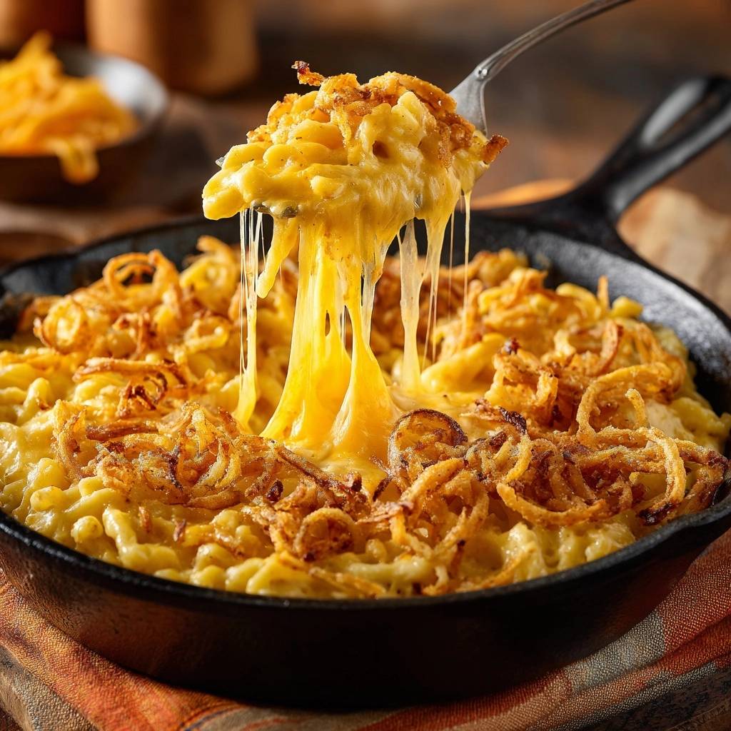 Cremiger Mac and Cheese mit knusprigen Zwiebelstreifen, bei dem ein Löffel geschmolzenen Käse aus der Pfanne zieht
