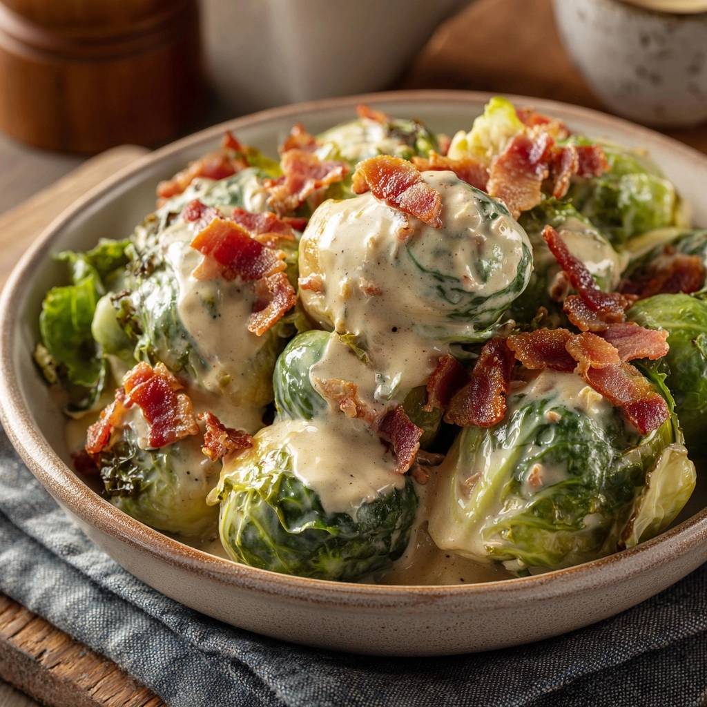 Cremiger Rosenkohl mit Räuchertofu, nahaufnahme der cremigen Sauce und knusprigen Speckstückchen.