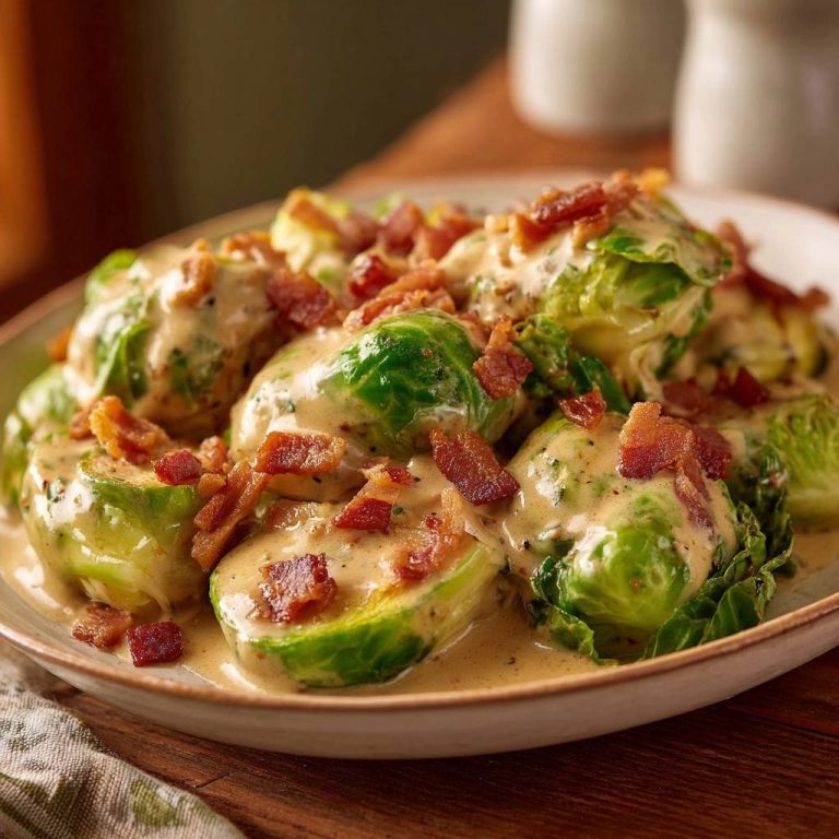 Cremiger Rosenkohl mit Räuchertofu, serviert mit einer cremigen Sauce und knusprigen Speckwürfeln als Garnitur.