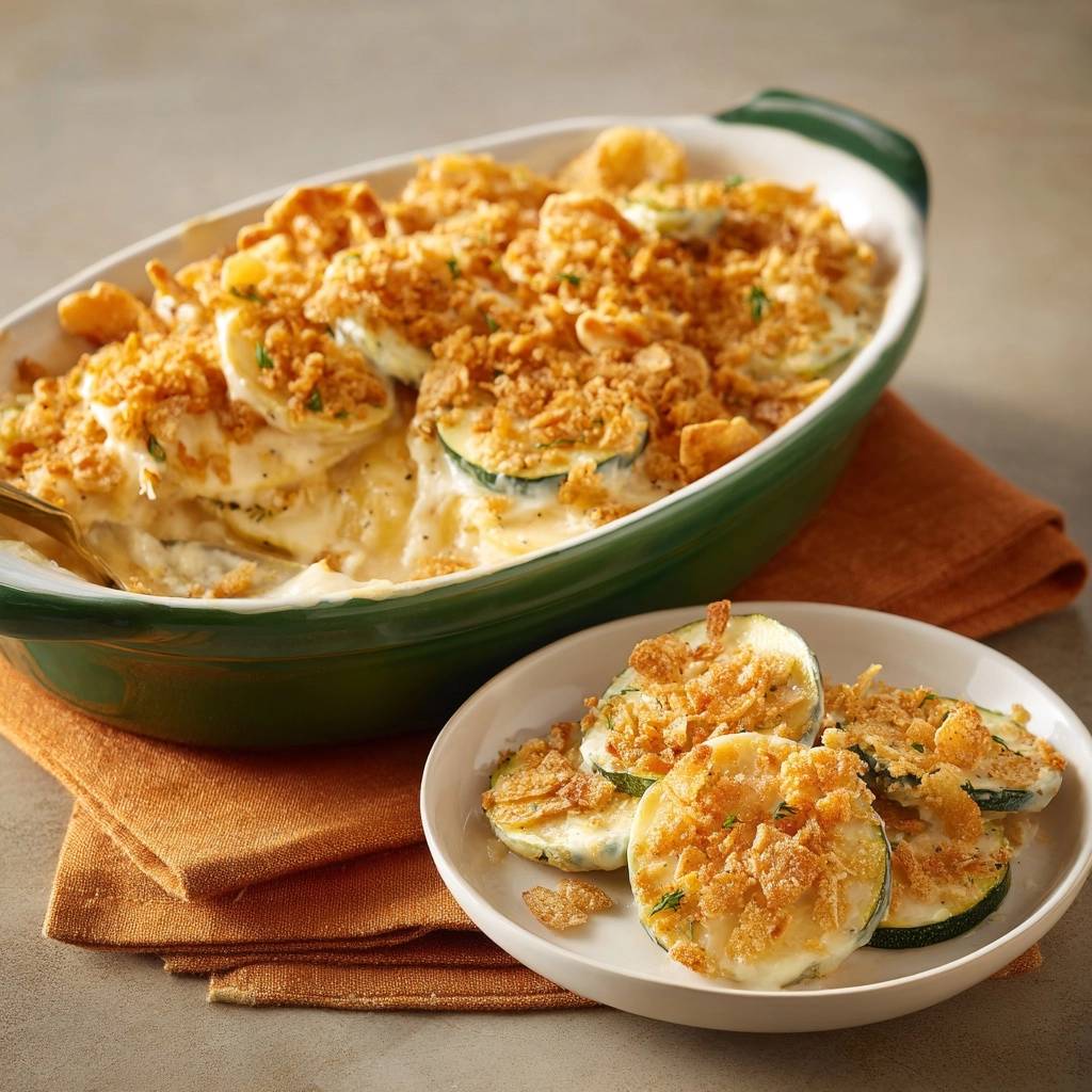 Cremiger Zucchini-Gratin, serviert auf einem Teller mit knuspriger Kruste und gebratenen Zucchinischeiben.