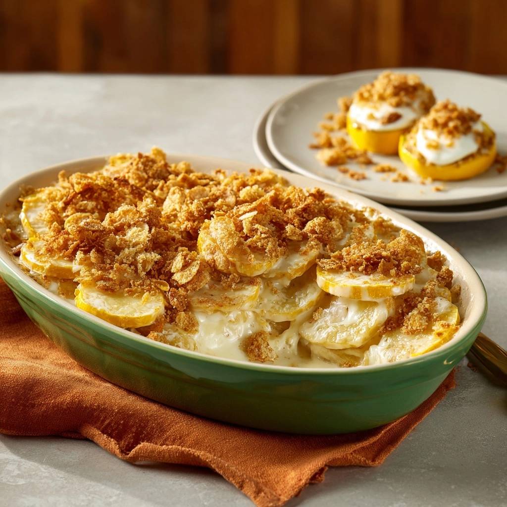 Cremiger Zucchini-Gratin mit knusprigem Streusel-Topping im Detail, in einer grünen Auflaufform serviert.