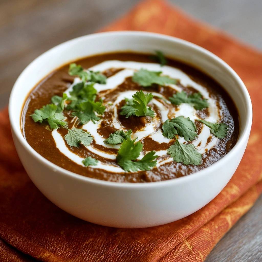 Cremiges Dal Makhani mit einem Swirl aus Sahne und frischer Koriander-Garnitur in einer weißen Schüssel
