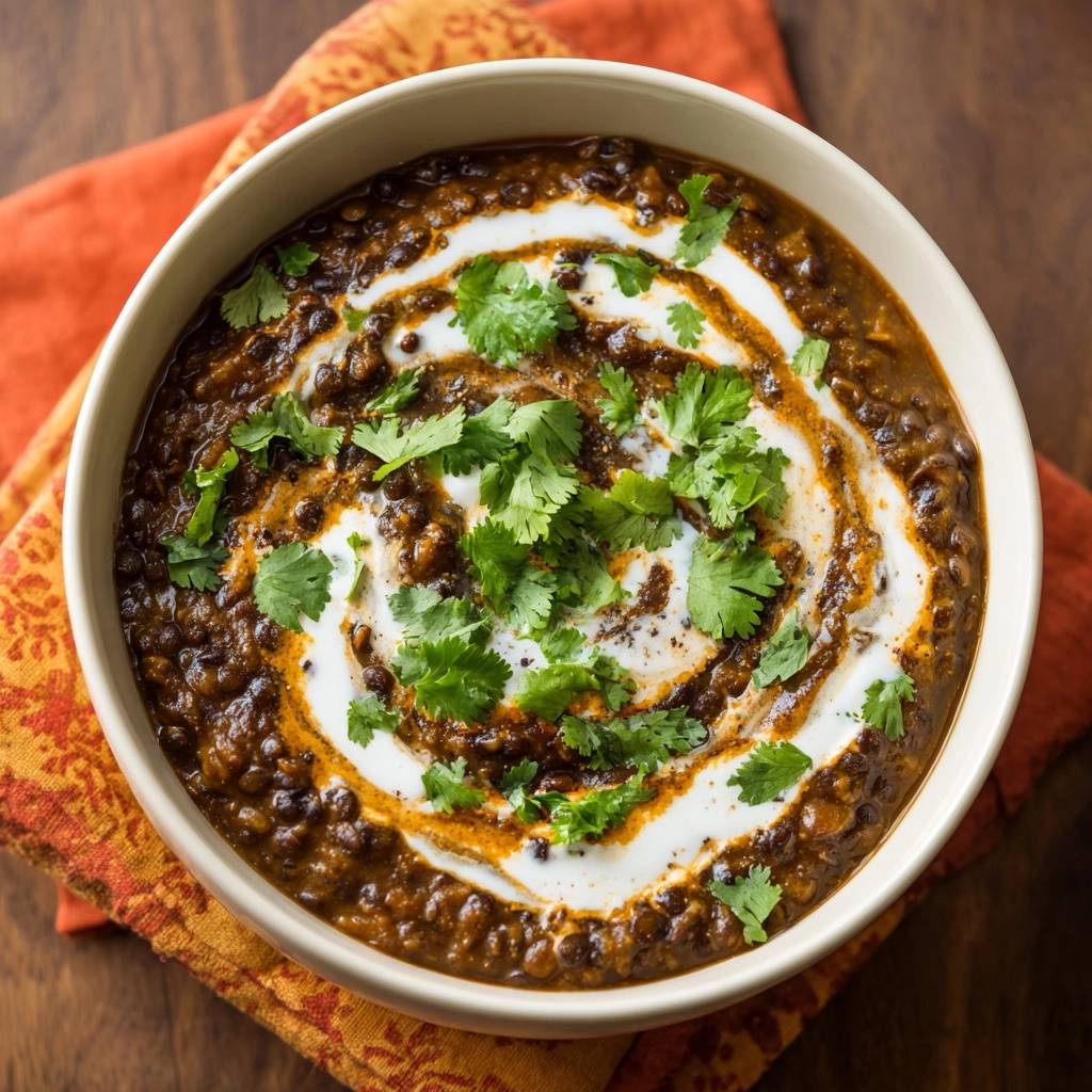 Cremiges Dal Makhani garniert mit frischem Koriander und Sahne in einer Schüssel, von oben gesehen.