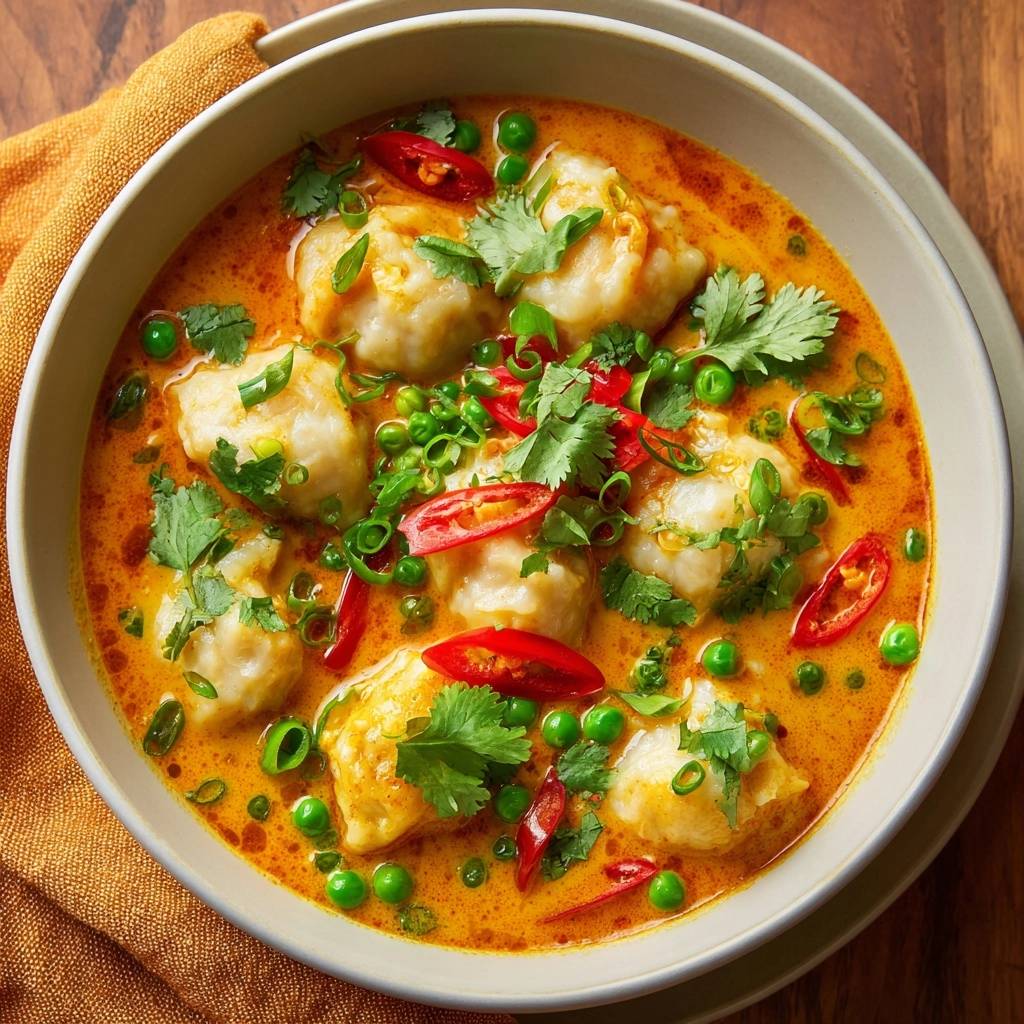 Cremiges Dumpling-Curry mit Erbsen, garniert mit frischen Kräutern, Chilis und Frühlingszwiebeln, in einer Schüssel serviert.