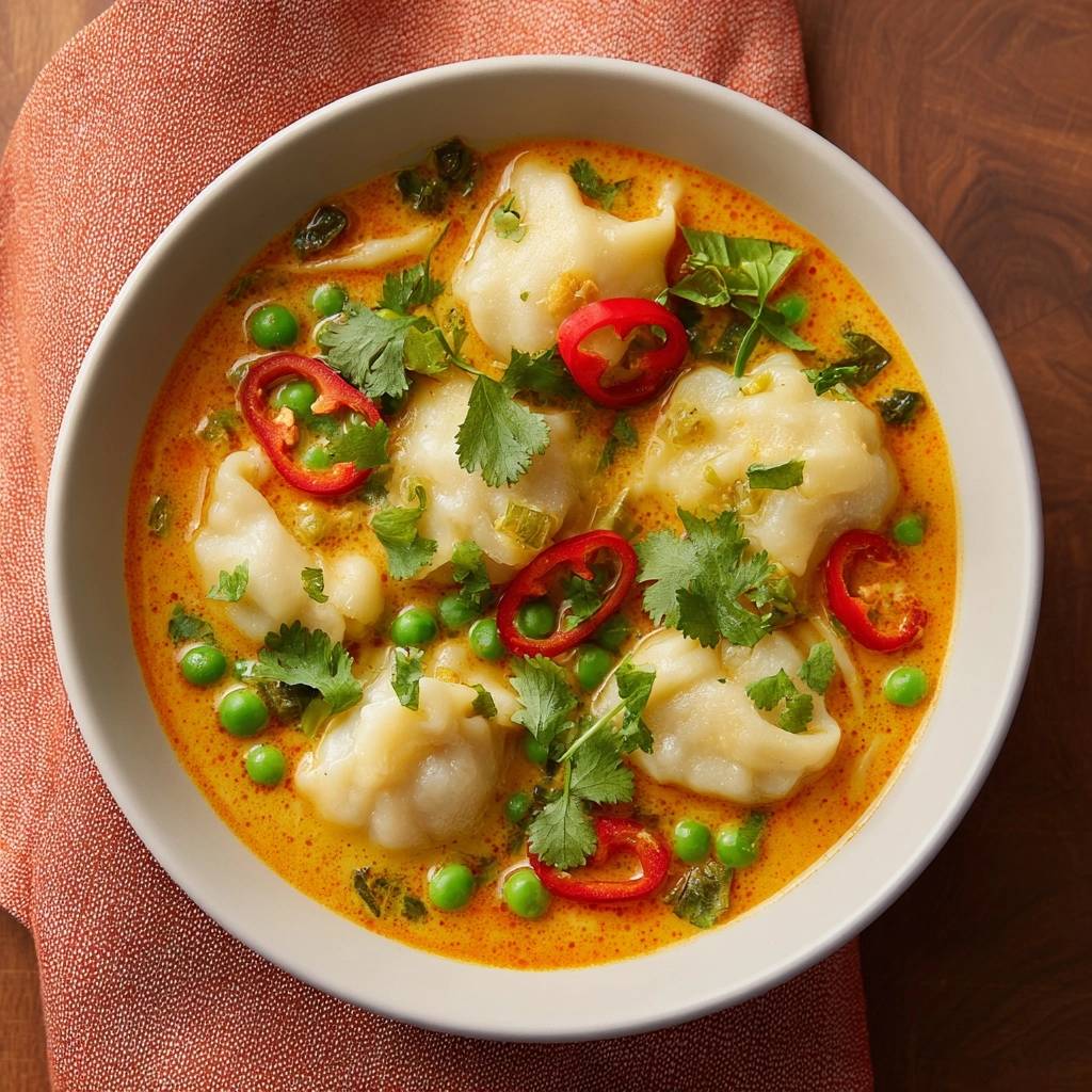 Cremiges Dumpling-Curry mit Erbsen, serviert in einer Schüssel mit Garnitur aus Koriander und Chili, von oben gesehen.