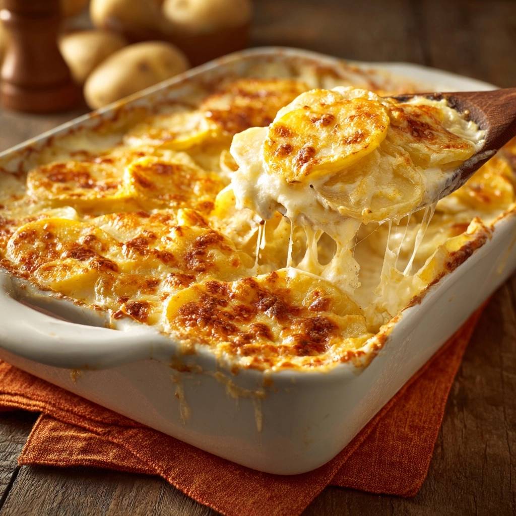 Cremiges Kartoffelgratin mit goldbrauner Käsekruste, eine Portion mit Käsefäden, die beim Herausnehmen aus der Auflaufform gezogen werden.