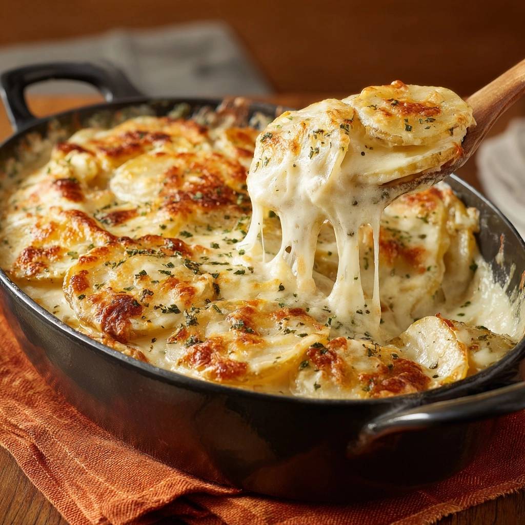 Cremiges Kartoffelgratin mit geschmolzenem Käse, der beim Anheben mit dem Löffel Fäden zieht.
