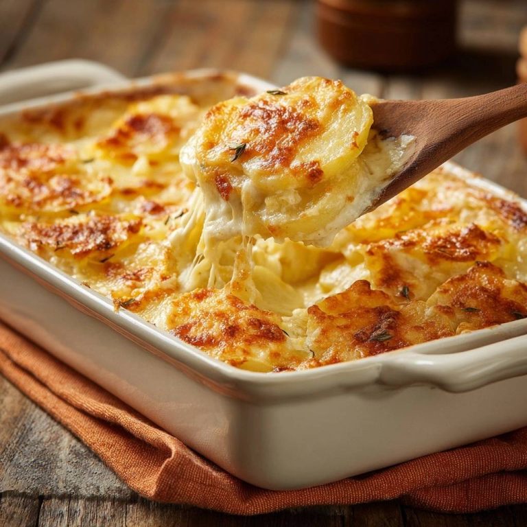 Cremiges Kartoffelgratin mit goldbrauner Käsekruste wird mit einem Holzlöffel herausgenommen, was die geschmolzene Käseschicht zeigt.