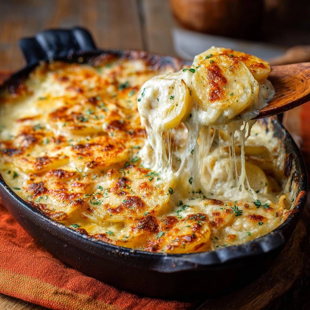 Cremiges Kartoffelgratin mit Käse, das auf einem Löffel aus der Auflaufform gezogen wird.