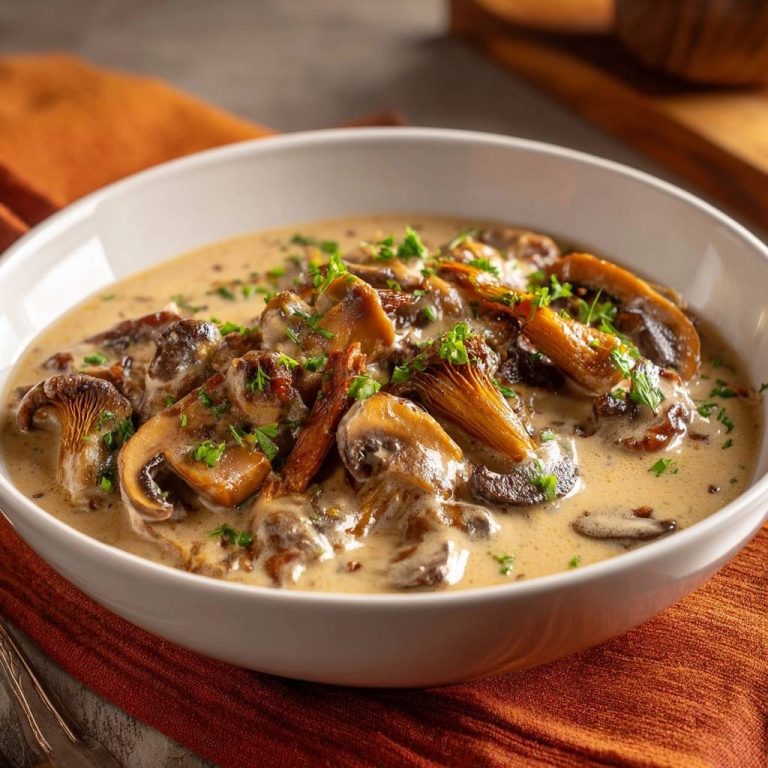 Cremiges Pilzragout, serviert in einer weißen Schüssel und garniert mit frischer Petersilie