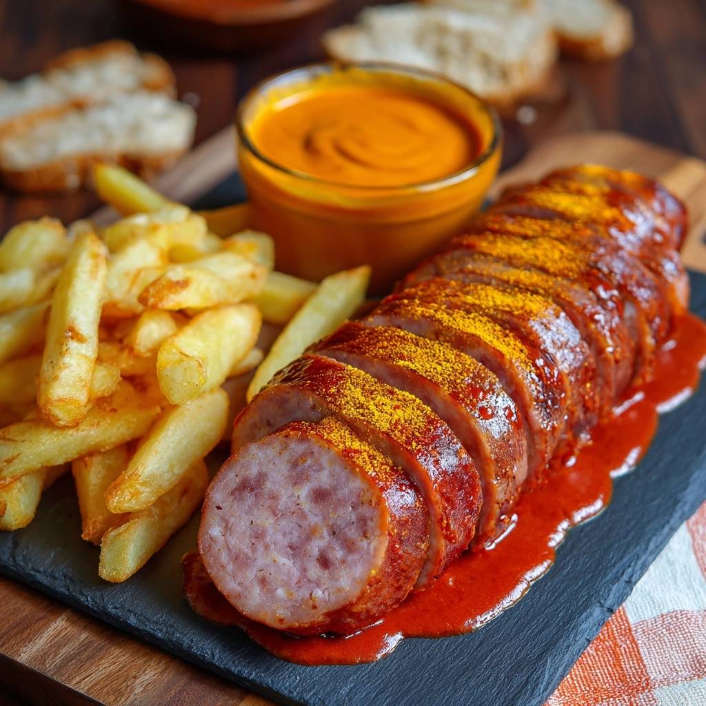 Currywurst mit Pommes, angeschnitten auf einem Schieferbrett mit scharfer Sauce und Currypulver bestreut