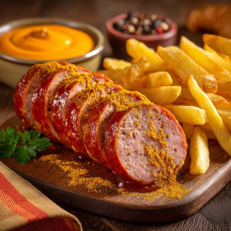 Currywurst mit Pommes, angeschnitten und mit Curry bestäubt, serviert auf einem Holzbrett mit Dip.