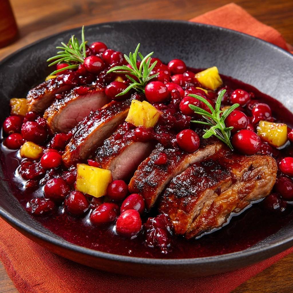 Saftige Entenbrust mit Cranberry-Ananas-Sauce, angeschnitten und mit frischen Cranberries und Ananasstücken garniert.