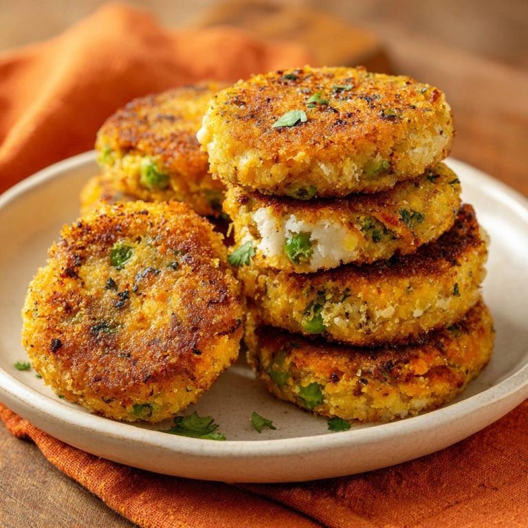 Knusprige Erbsen-Paneer-Tikkis als Stapel mit einem angeschnittenen Tikki, das das Innere zeigt.