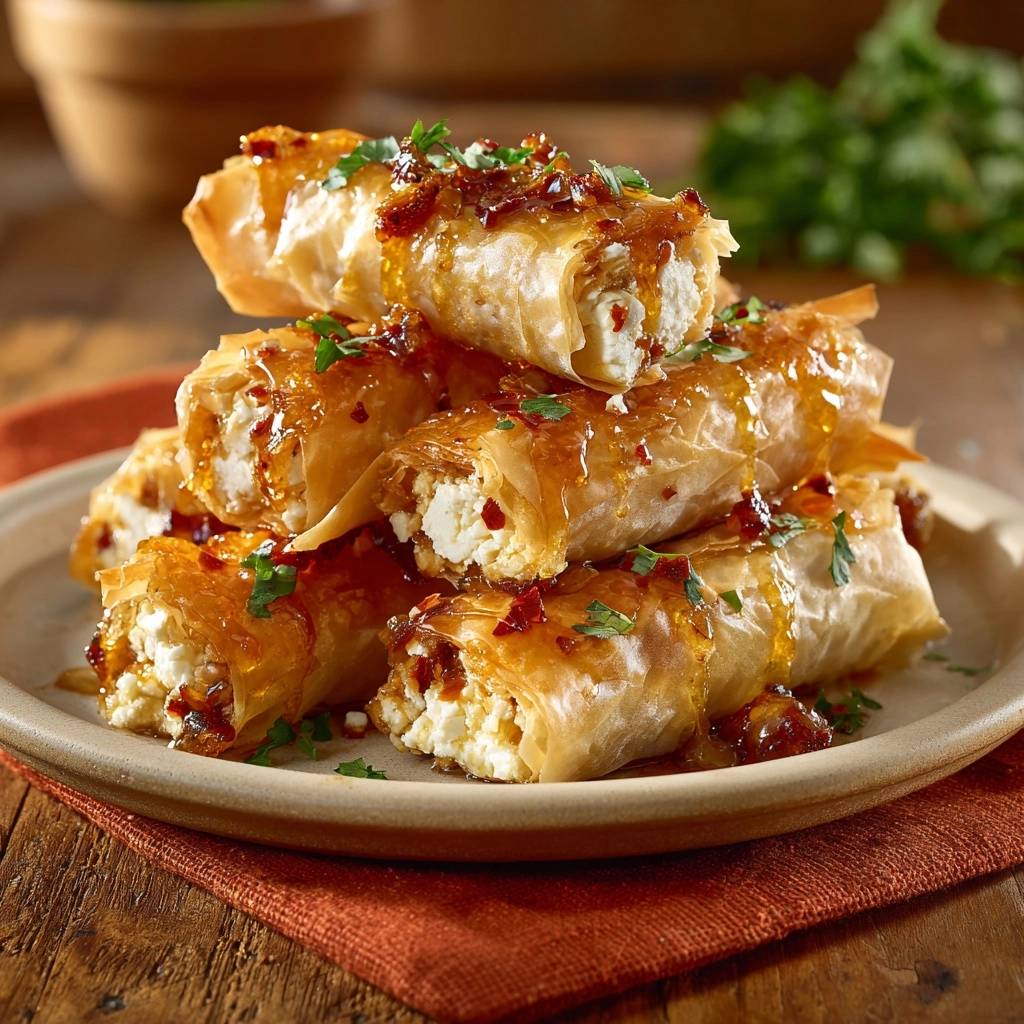 Knusprige Feta-Filo-Rollen mit Honig-Chili, detailreich glasiert und mit Kräutern garniert auf einem Teller.
