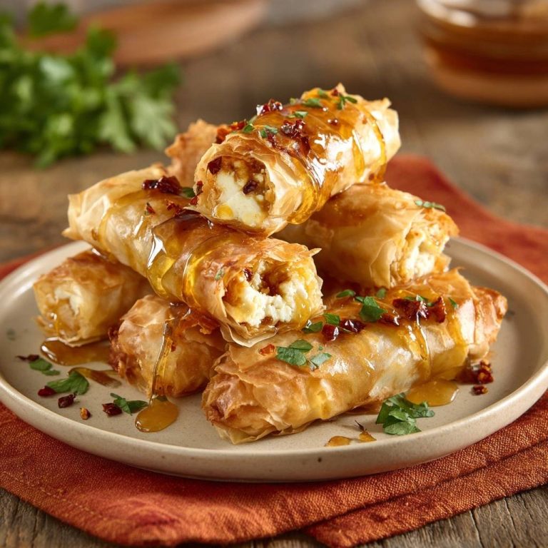 Knusprige Feta-Filo-Rollen mit Honig-Chili, nahaufnahme mit frischer Petersilie und Honig-Chili-Garnitur auf einem Teller.