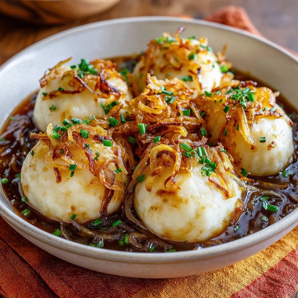 Fluffige Semmelknödel in aromatischer Zwiebelsoße, garniert mit Röstzwiebeln und Schnittlauch, serviert in einer Schüssel.