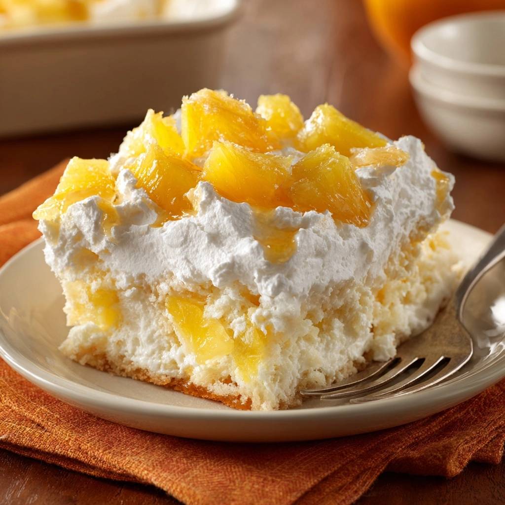 Fluffiger Ananas-Sahne-Kuchen als einzelnes Stück auf einem Teller, mit Sahne und Ananasstücken garniert.