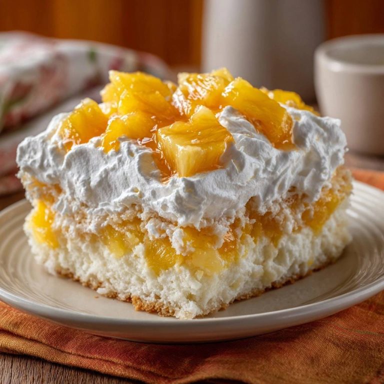 Fluffiger Ananas-Sahne-Kuchen angeschnitten auf einem Teller mit Sahne und Ananasstücken garniert