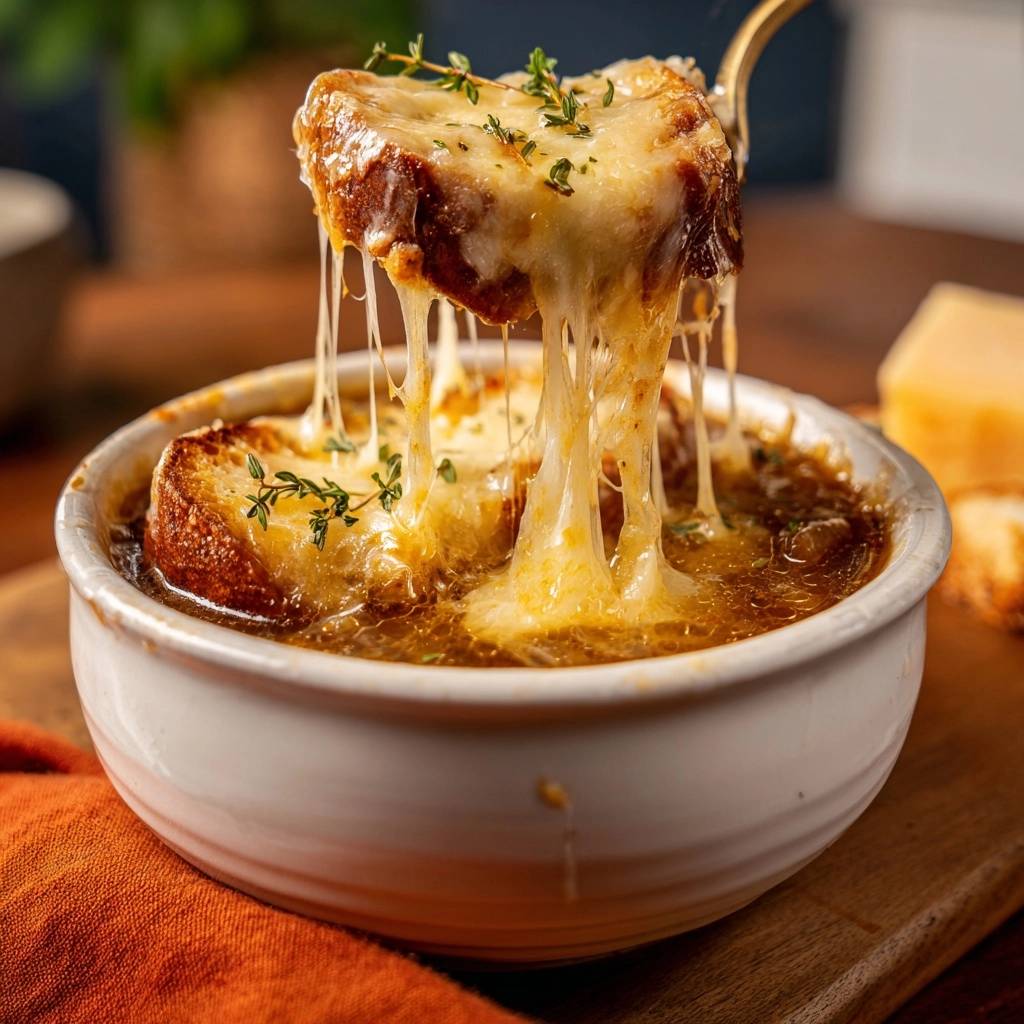 Französische Zwiebelsuppe mit einem Löffel voller geschmolzenem Käse, der Fäden zieht