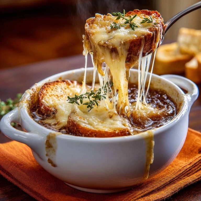 Französische Zwiebelsuppe mit geschmolzenem Käse, der in langen Fäden von einem Löffel herunterhängt.