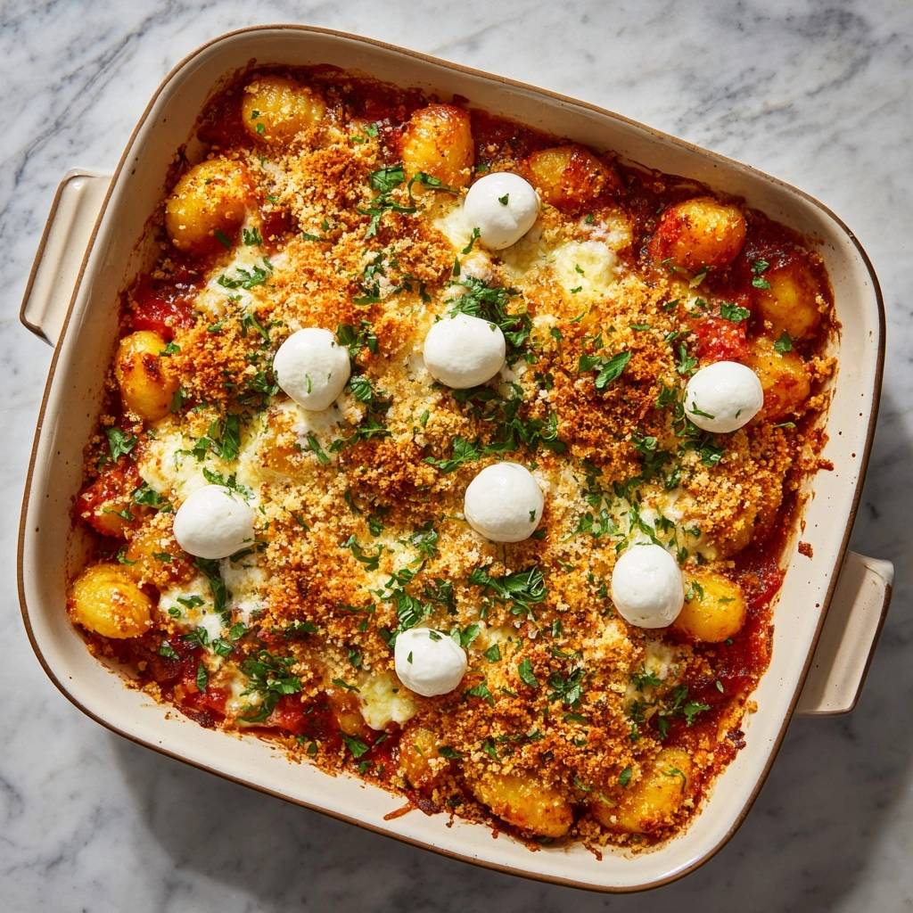 Gebackene Gnocchi mit Mozzarella in einer Auflaufform von oben, mit zerbröseltem Käse und Petersilie garniert.