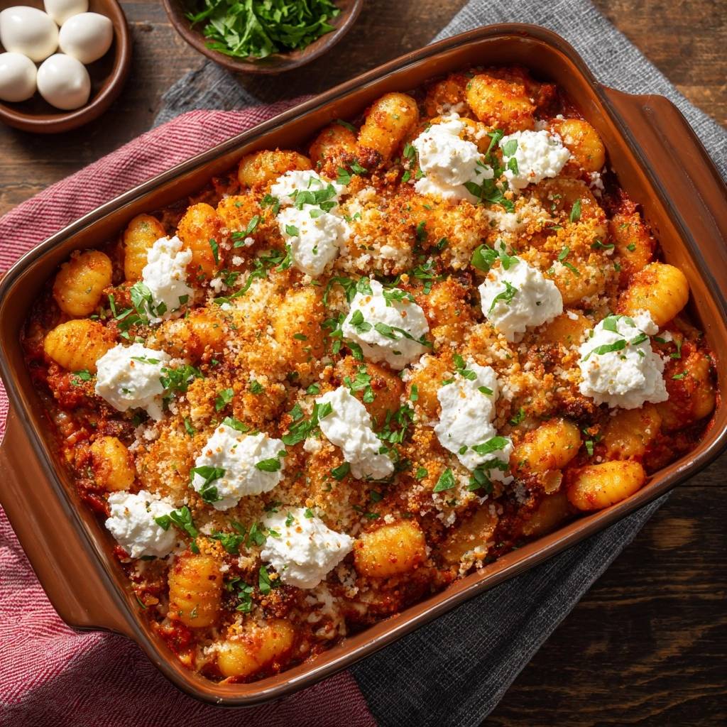 Gebackene Gnocchi mit Mozzarella in einer Auflaufform, von oben fotografiert, mit Ricotta und Petersilie garniert.