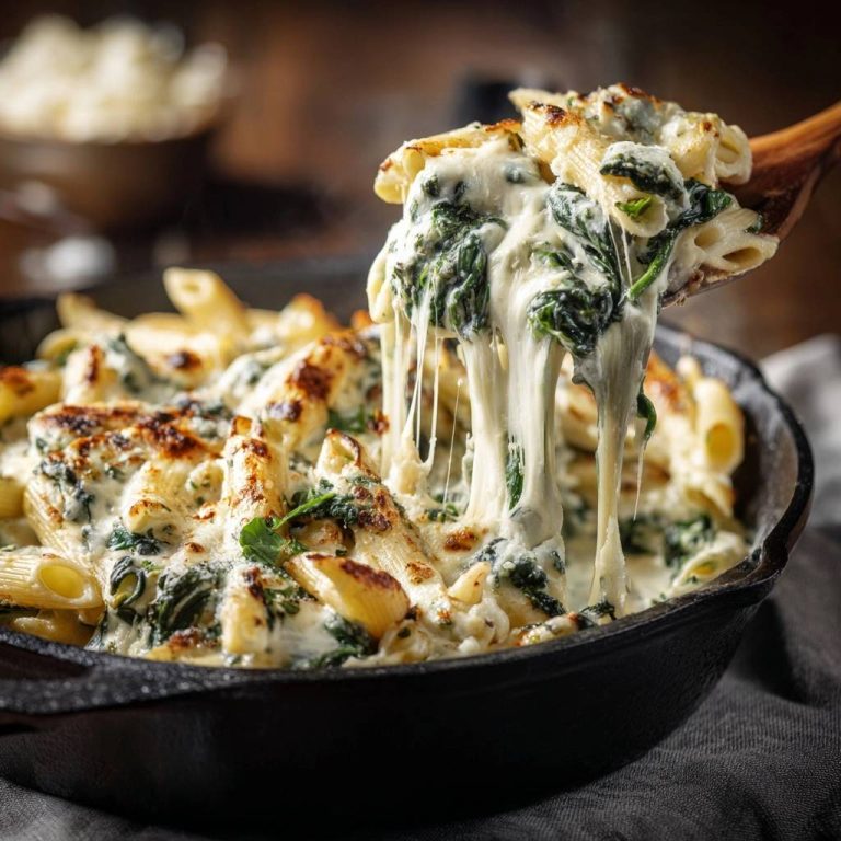 Gebackene Penne mit Spinat und Käse, die von einem Holzkochlöffel mit langen, geschmolzenen Käsefäden herunterhängen.