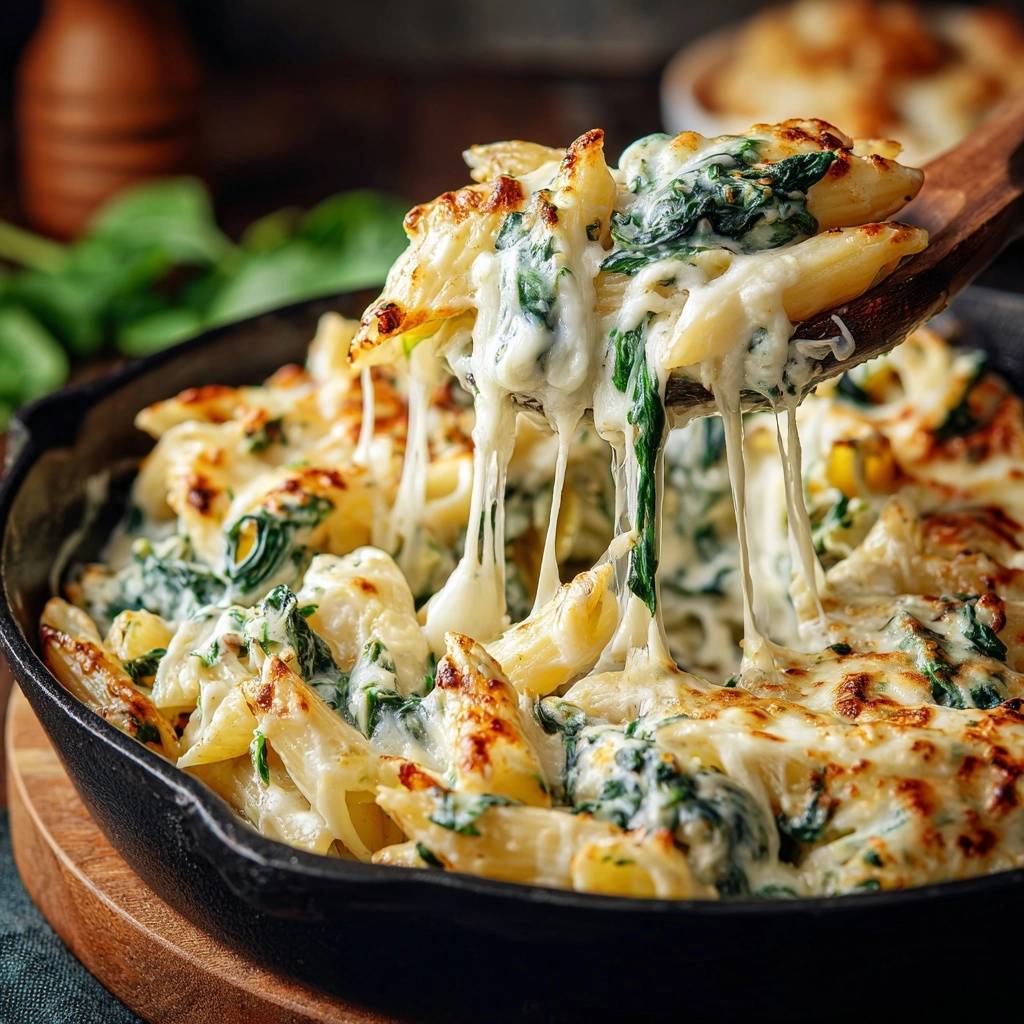 Gebackene Penne mit Spinat und Käse, mit einem Holzlöffel herausgehoben, sodass der geschmolzene Käse Fäden zieht.