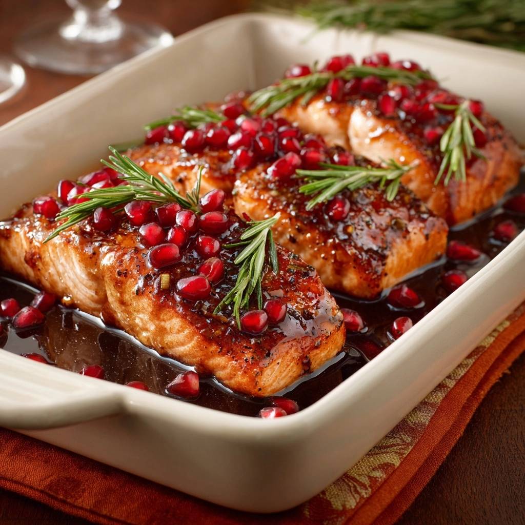 Gebackener Lachs mit Granatapfel-Rosmarin-Glasur im Keramik-Auflauf serviert, mit frischem Rosmarin garniert.