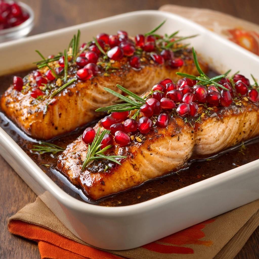 Gebackener Lachs mit Granatapfel-Rosmarin-Glasur, nahaufnahme der glasierten Oberfläche mit Granatapfelkernen und Rosmarin.