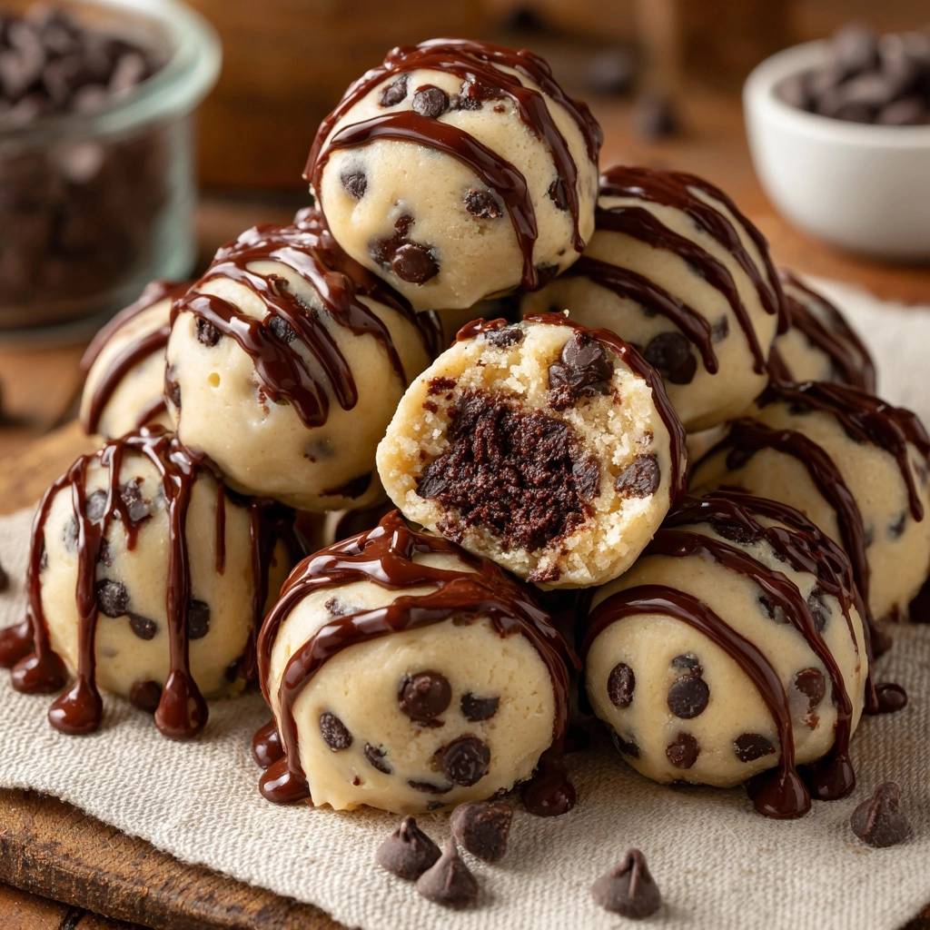 Gefüllte Schoko-Cookie-Dough-Bällchen angeschnitten, die das saftige Schokoladeninnere und den Cookie-Teig zeigen.