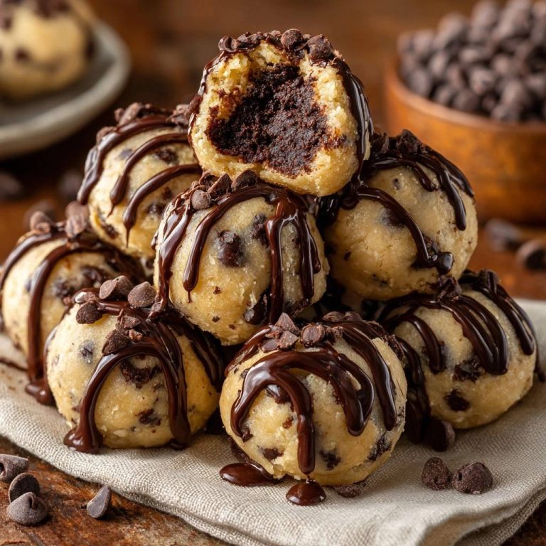 Gefüllte Schoko-Cookie-Dough-Bällchen angeschnitten, die das dunkle Schokoladeninnere und die zarte Teigtextur enthüllen.