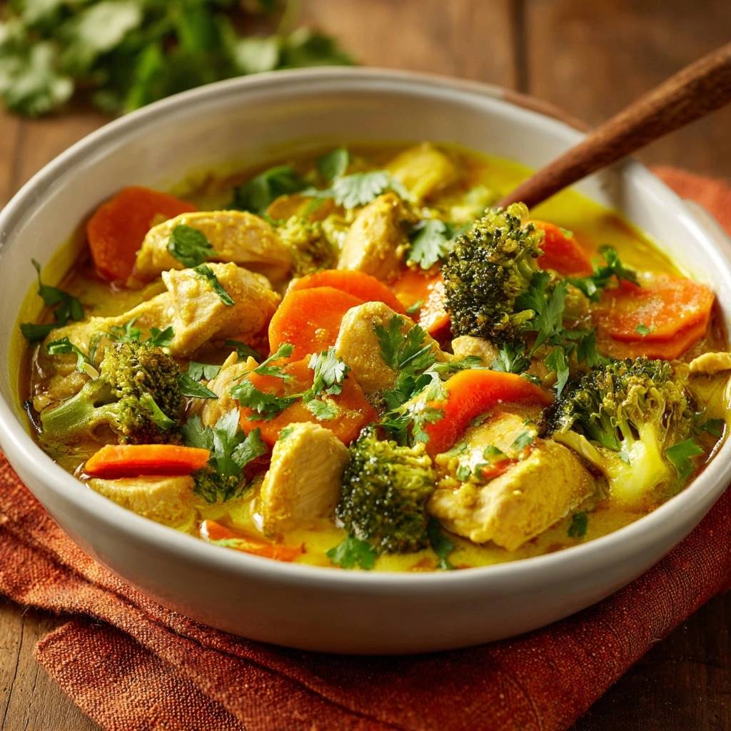 Gelbes Hähnchen-Curry mit Brokkoli und Karotten, eine Nahaufnahme, die die frischen Zutaten und die cremige Sauce zeigt.