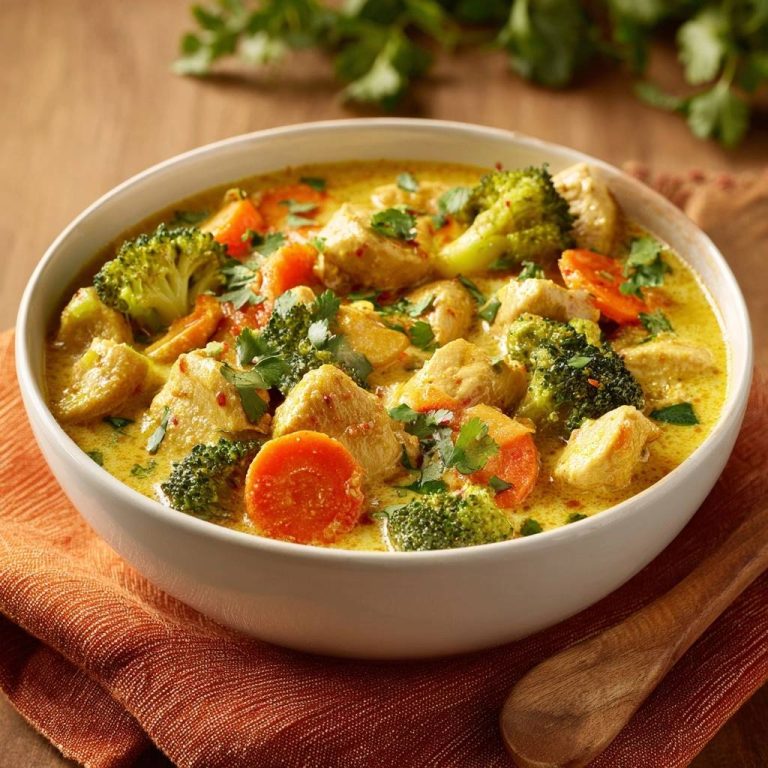 Gelbes Hähnchen-Curry mit Brokkoli & Karotten in einer weißen Schüssel, nahaufnahme der Zutaten und der Currysauce.