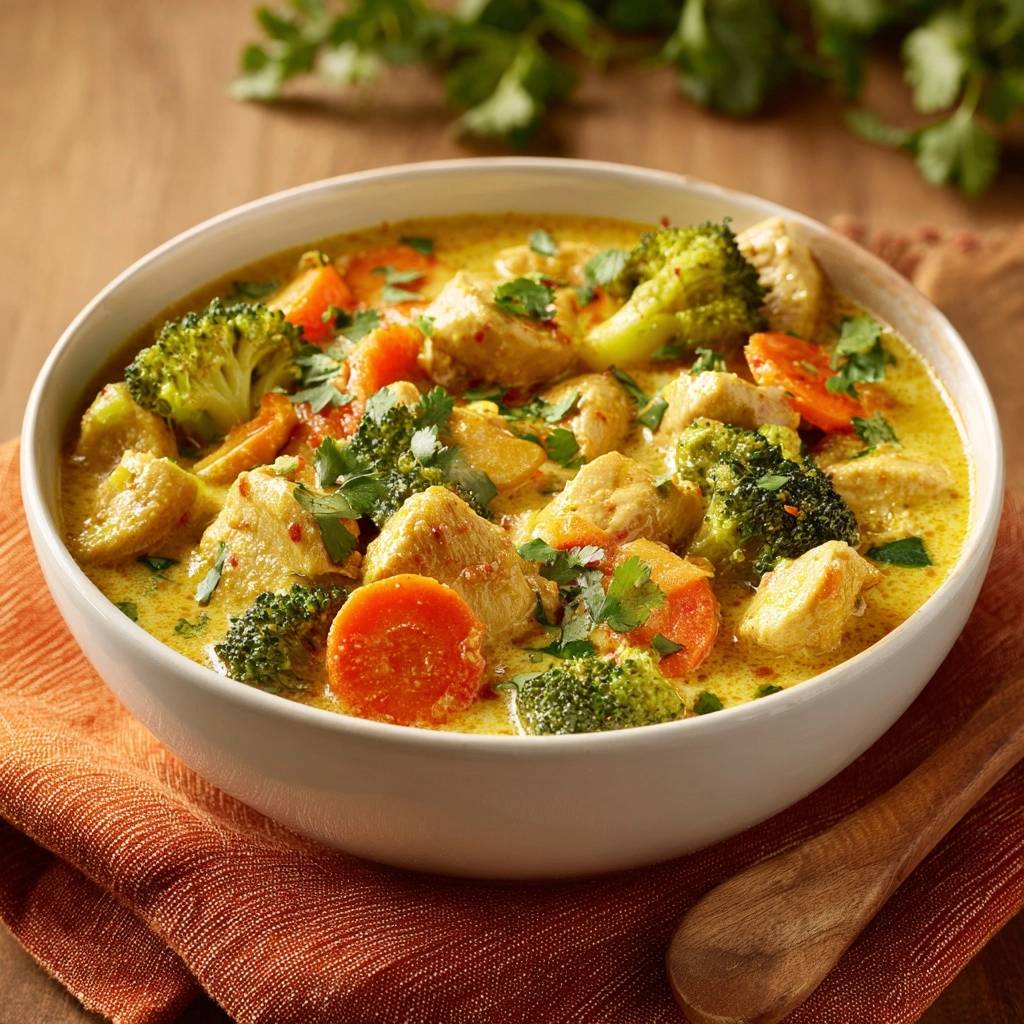 Gelbes Hähnchen-Curry mit Brokkoli & Karotten in einer weißen Schüssel, nahaufnahme der Zutaten und der Currysauce.