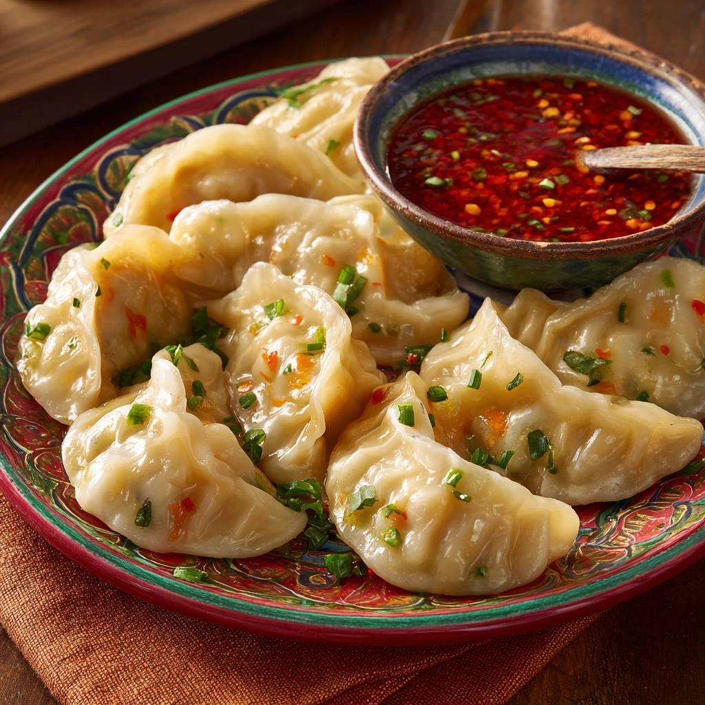 Saftige Gemüse-Momos mit Chili-Dip, serviert auf einem bunten Teller mit frischen Kräutern garniert.