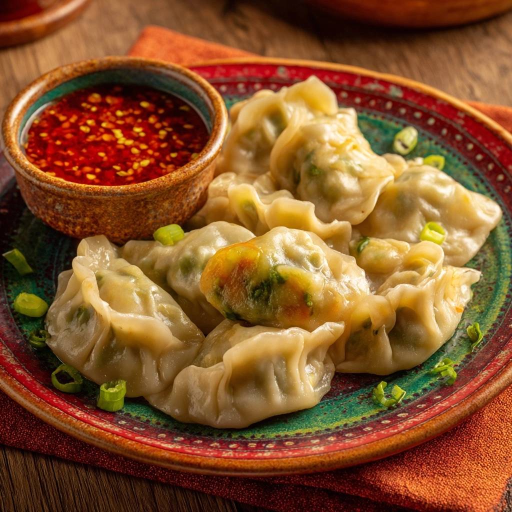 Saftige Gemüse-Momos mit Chili-Dip auf einem bunten Teller, Nahaufnahme mit einigen Frühlingszwiebeln garniert.