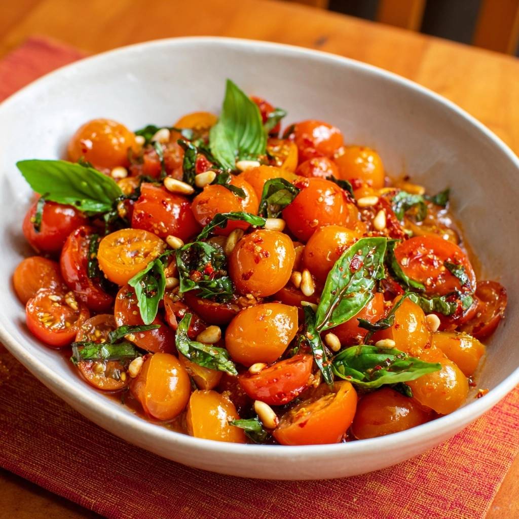 Glasierte Kirschtomaten mit Basilikum und Pinienkernen als Detailaufnahme in einer Schüssel mit frischen Kräutern und Gewürzen.