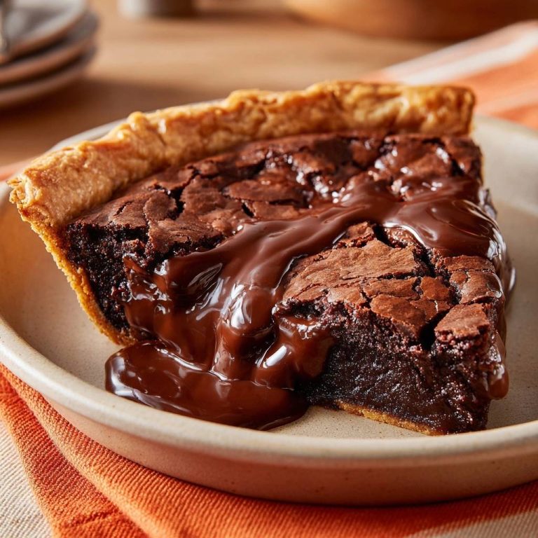 Gooey Schoko-Brownies-Pie mit knackigem Boden, ein einzelnes Stück mit flüssigem Schokoladenüberzug auf einem Teller