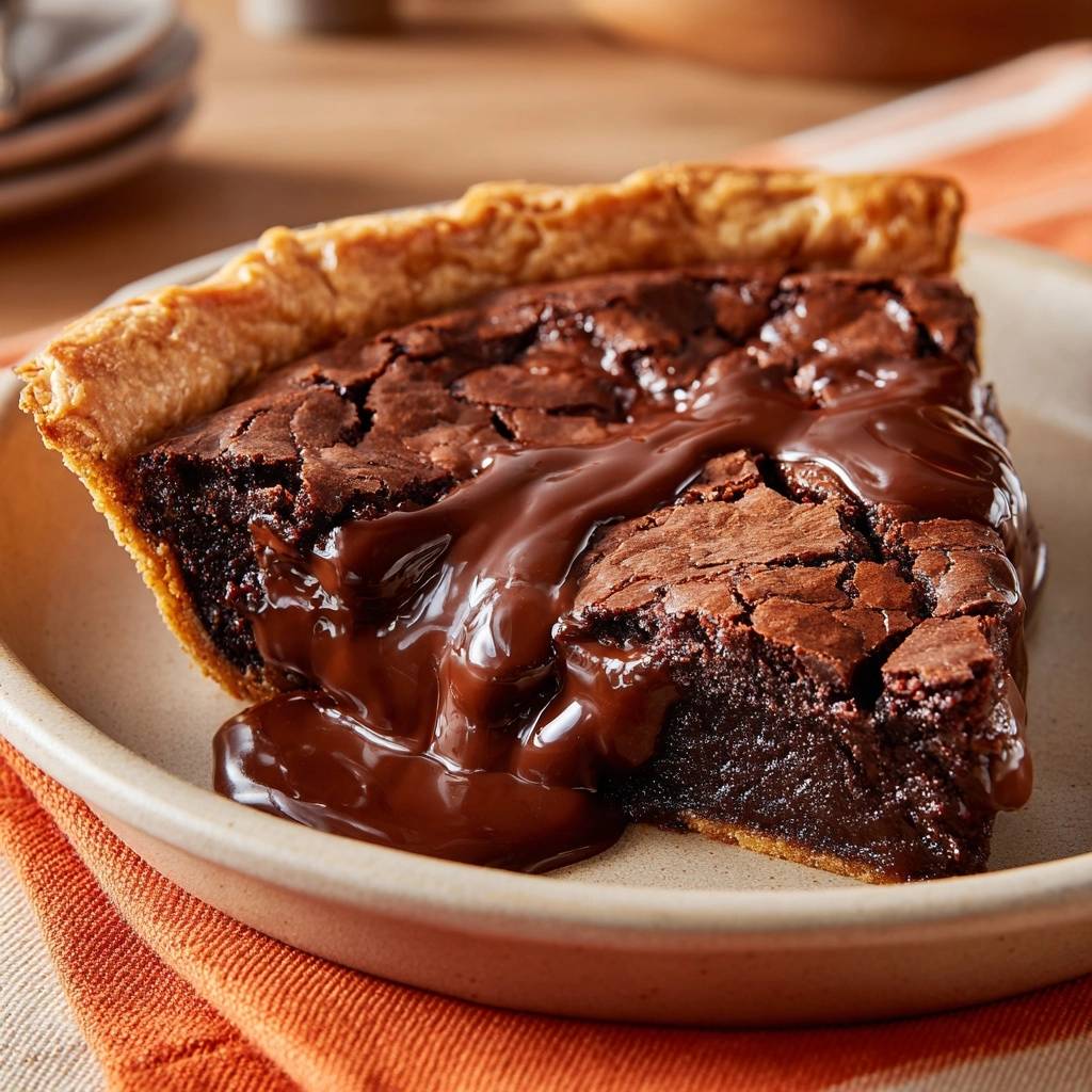 Gooey Schoko-Brownies-Pie mit knackigem Boden, ein einzelnes Stück mit flüssigem Schokoladenüberzug auf einem Teller