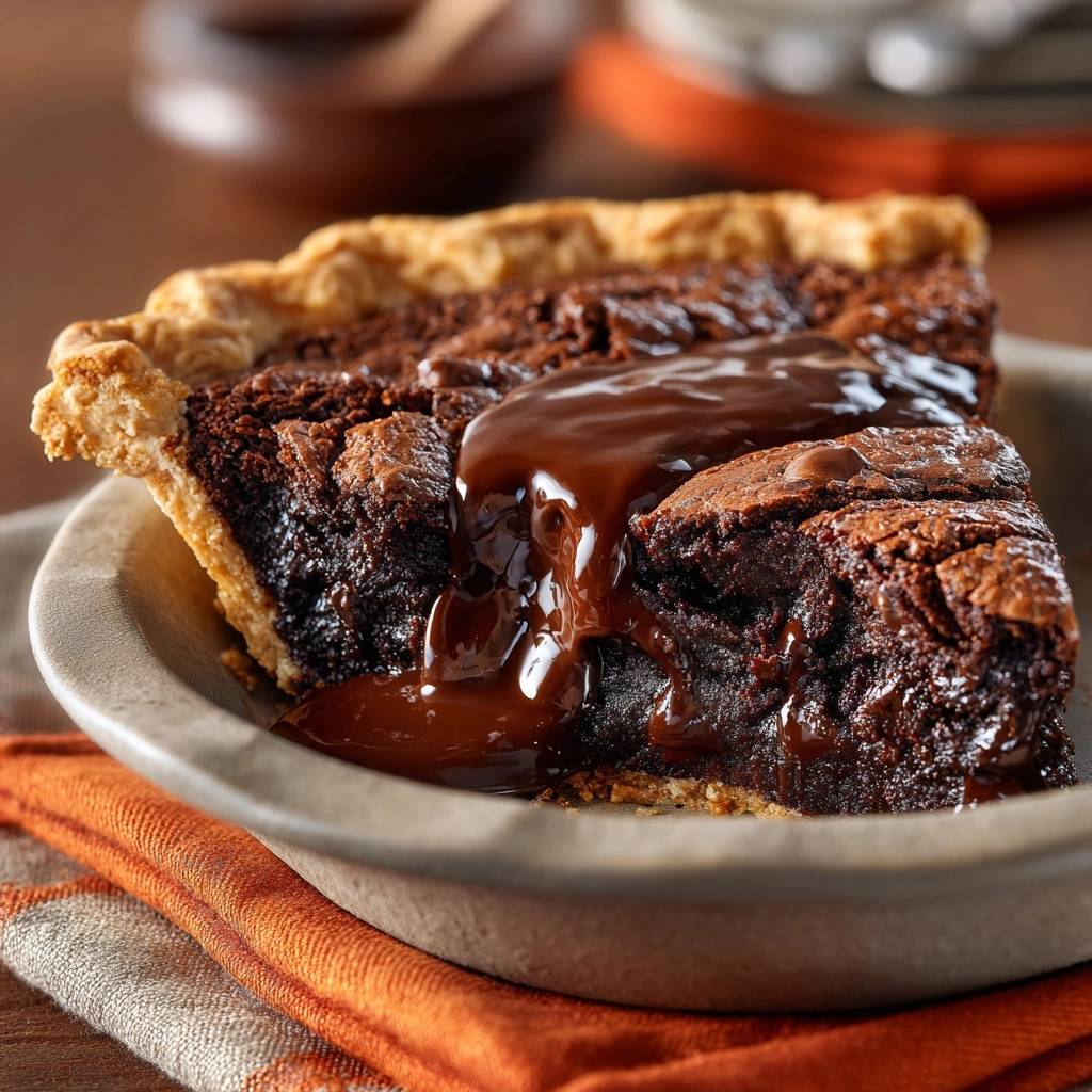 Gooey Schoko-Brownies-Pie angeschnitten mit zähflüssiger Schokoladensauce, die über das gebackene Innere fließt.