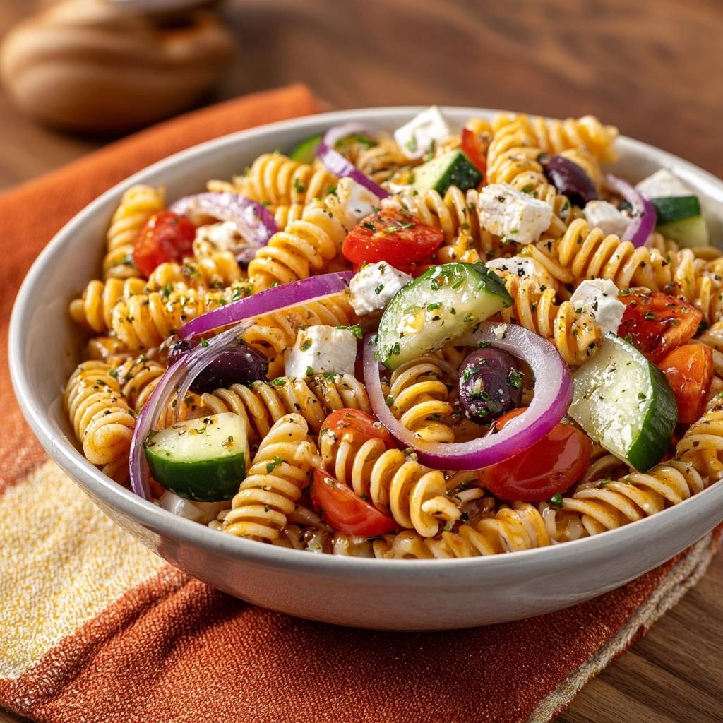 Griechischer Fusilli-Salat mit viel frischem Gemüse und Feta in einer Nahaufnahme mit detaillierter Textur.